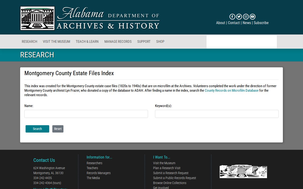 Montgomery County previous residents estate files index