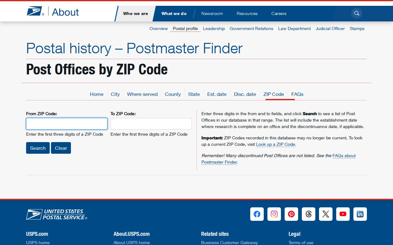 Historic post office search for the Montgomery County ZIP code directory